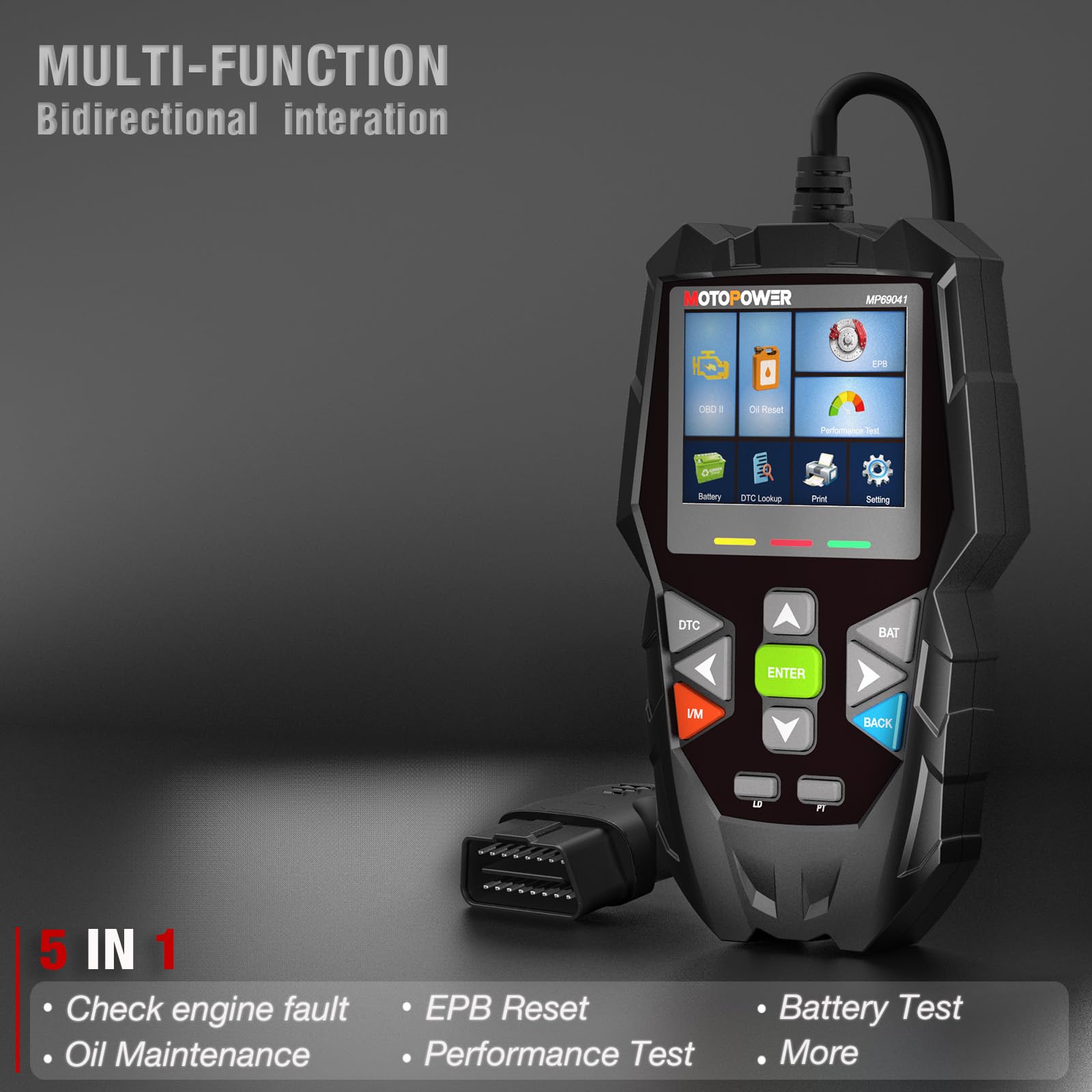 MOTOPOWER MP69041 5 in 1 Car OBD2 Scanner Check Engine Fault Code Reader Diagnostic Scan Tool, Oil Maintenance Reset, EPB Reset, Battery Test, Performance Test