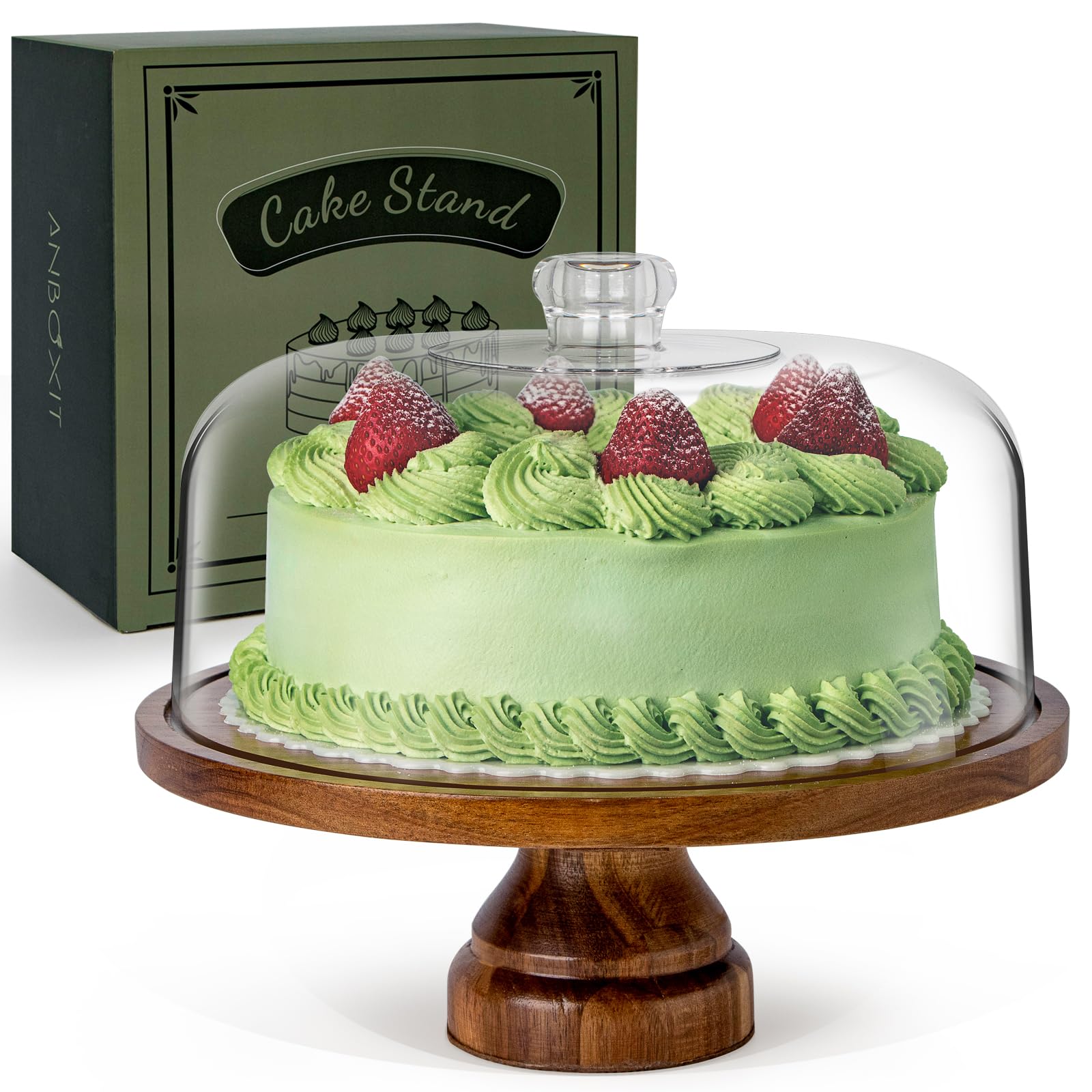 ANBOXIT Cake Stand with Dome Lid, Acacia Wood Cake Plate with Cover, Wooden Cake Display Stand with Acrylic Dome ( Footed )