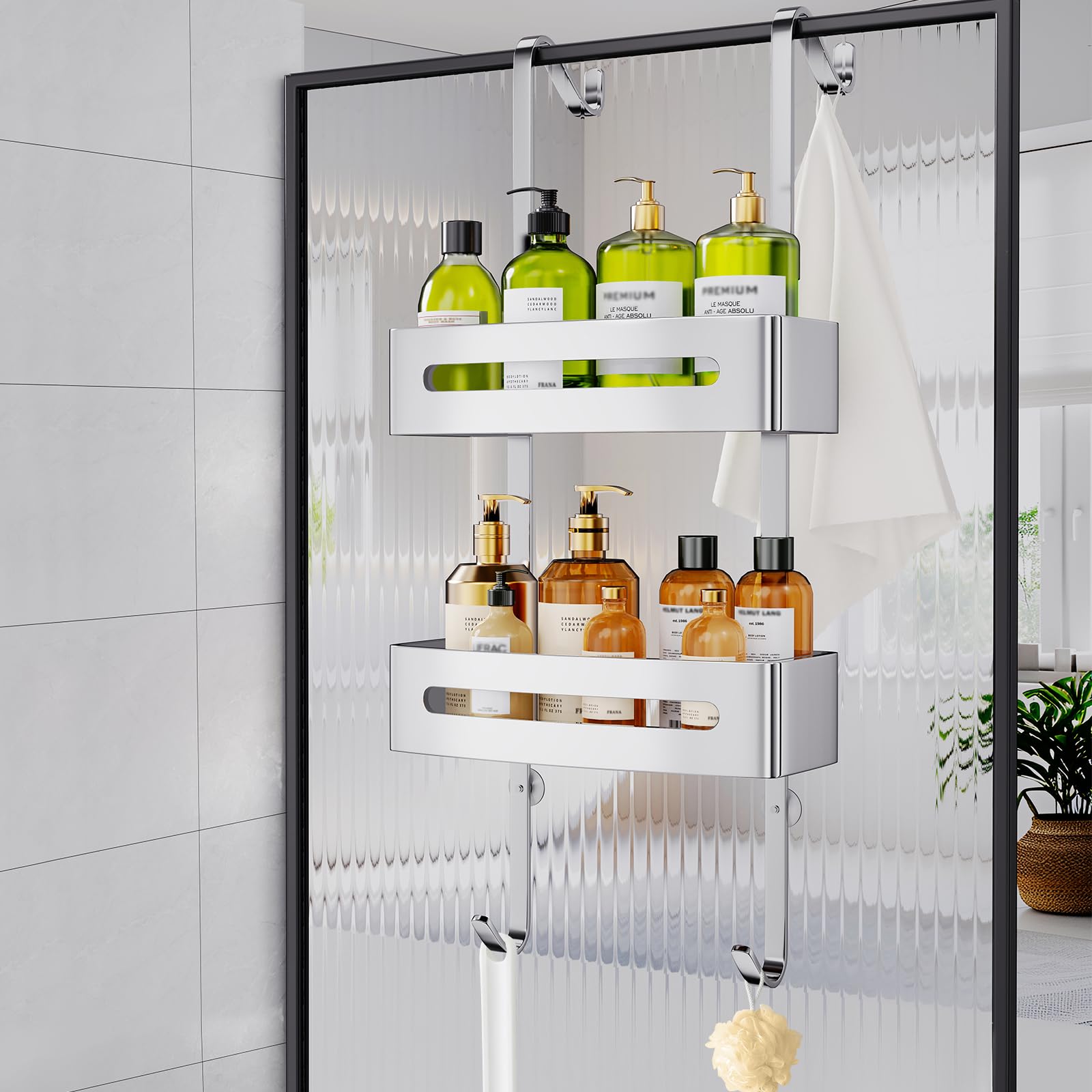 Ajex Shower Caddy Hanging,Over Door Shelf Storage with 2 Tier Rack Hanging, No Drilling Stainless Material Shower Shelf Bathroom Organizer,Storage