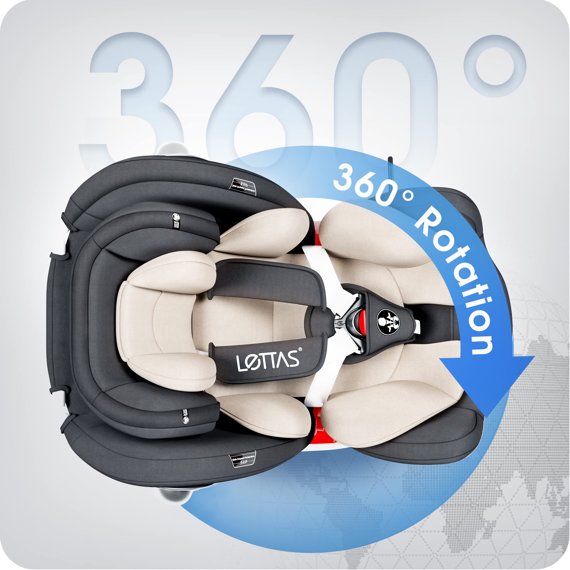 LETTAS 360 Rotation Baby Car Seat with Isofix Group 0+1/2/3 (0-36 kg, 0-12 Years) Maximum Recline 165° for Rear Facing, SIPS