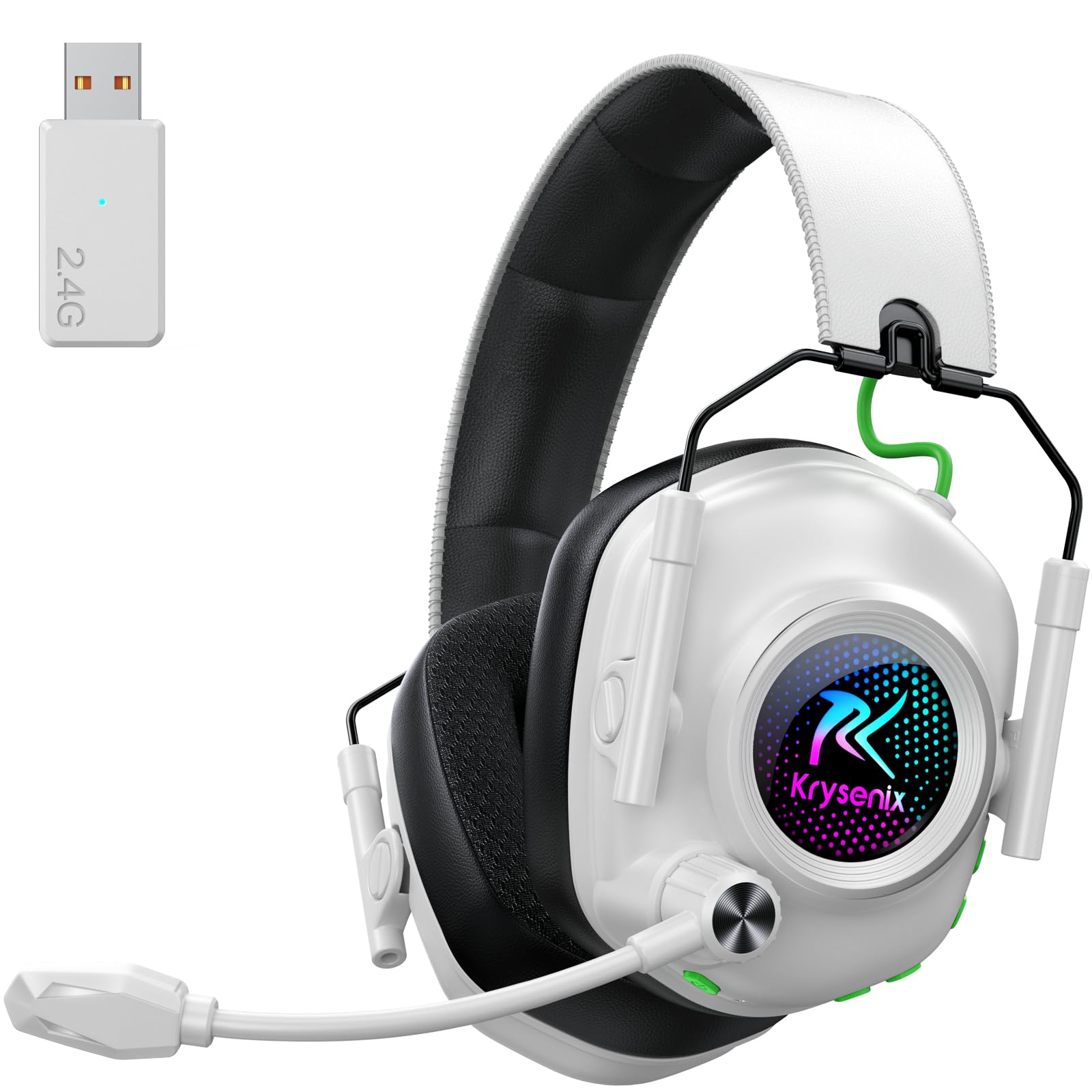 Krysenix KGH2 Wireless Gaming Headset for PS5, PS4, PC, Switch, 2.4GHz Bluetooth Wireless Headphones with Mic, Gaming & Music Dual Mode, ENC, Foldable, Cool LED, 40+ Hrs Battery, White Black