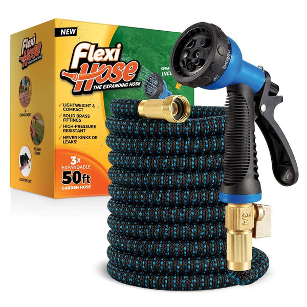 Flexi Hose Upgraded Expandable Garden Hose Pipe Including 8 Function Spray Gun Nozzle - Extra Strength with 2 cm Solid Brass Fittings - No-Kink Flexible Garden Hoses (Orange/Black 15 Metres)