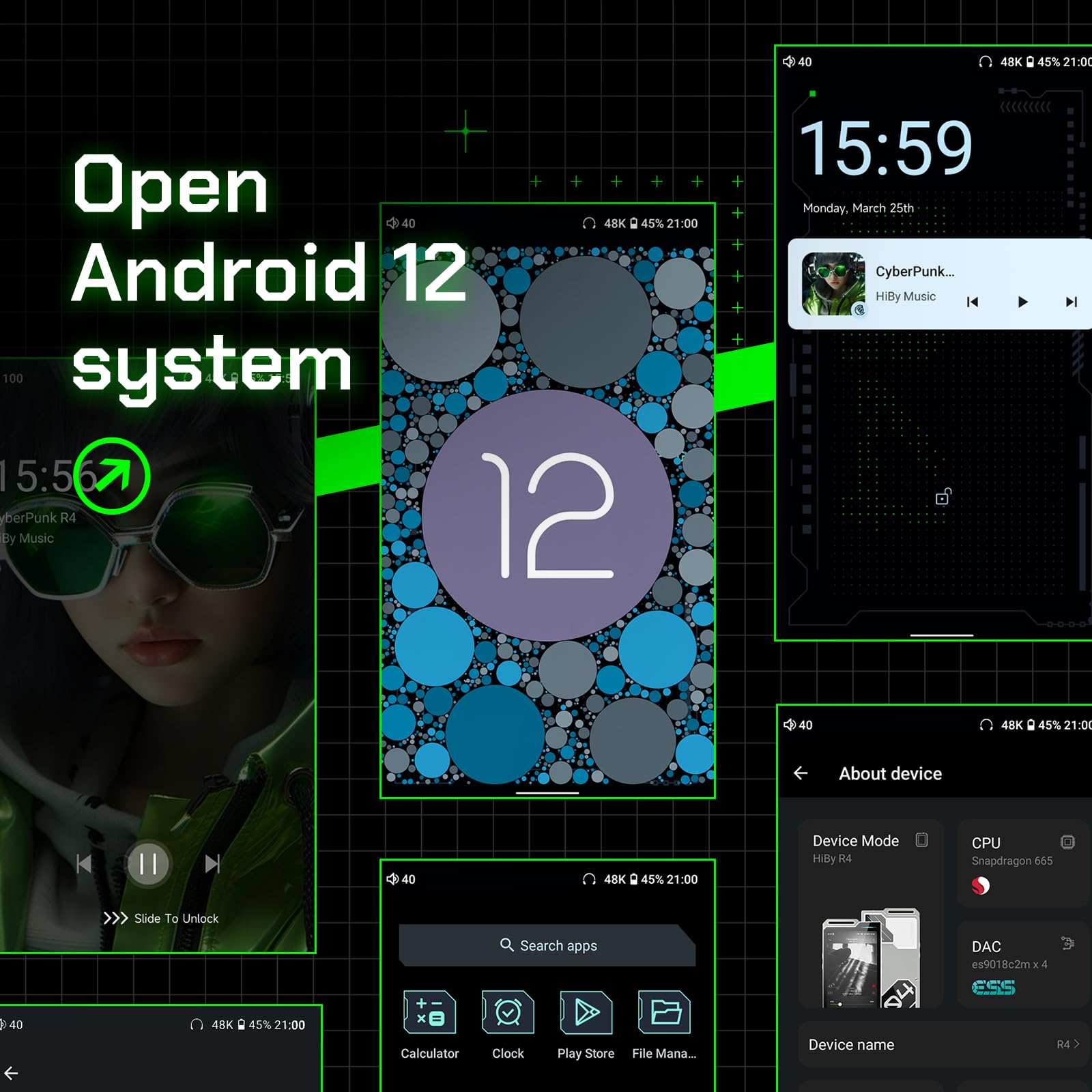 HiBy R4 mp3 & mp4 Players spotify Player with Bluetooth and WiFi 4-Way HiFi DAP Android 12 OS 3.5mm po+4.4mm bal 32G+2TB Scalable Memory