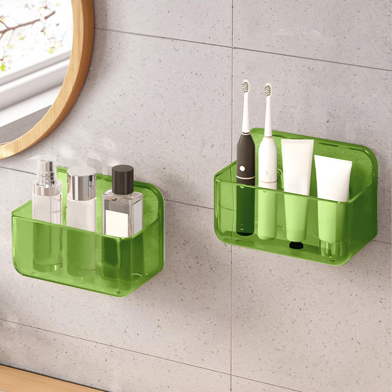 CGBE 2 Pack Bathroom Shelves, Acrylic Adhesive Shelf, No Drilling Shower Shelves Shower Rack for Bathroom/Kitchen Cabinet Door Organizer, Green