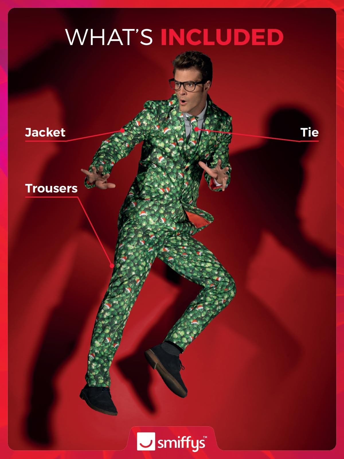 Smiffys Brussel Sprout Suit, Green with Jacket, Trousers & Tie, Stand Out Suits Fancy Dress, Xmas Dress Up Costumes