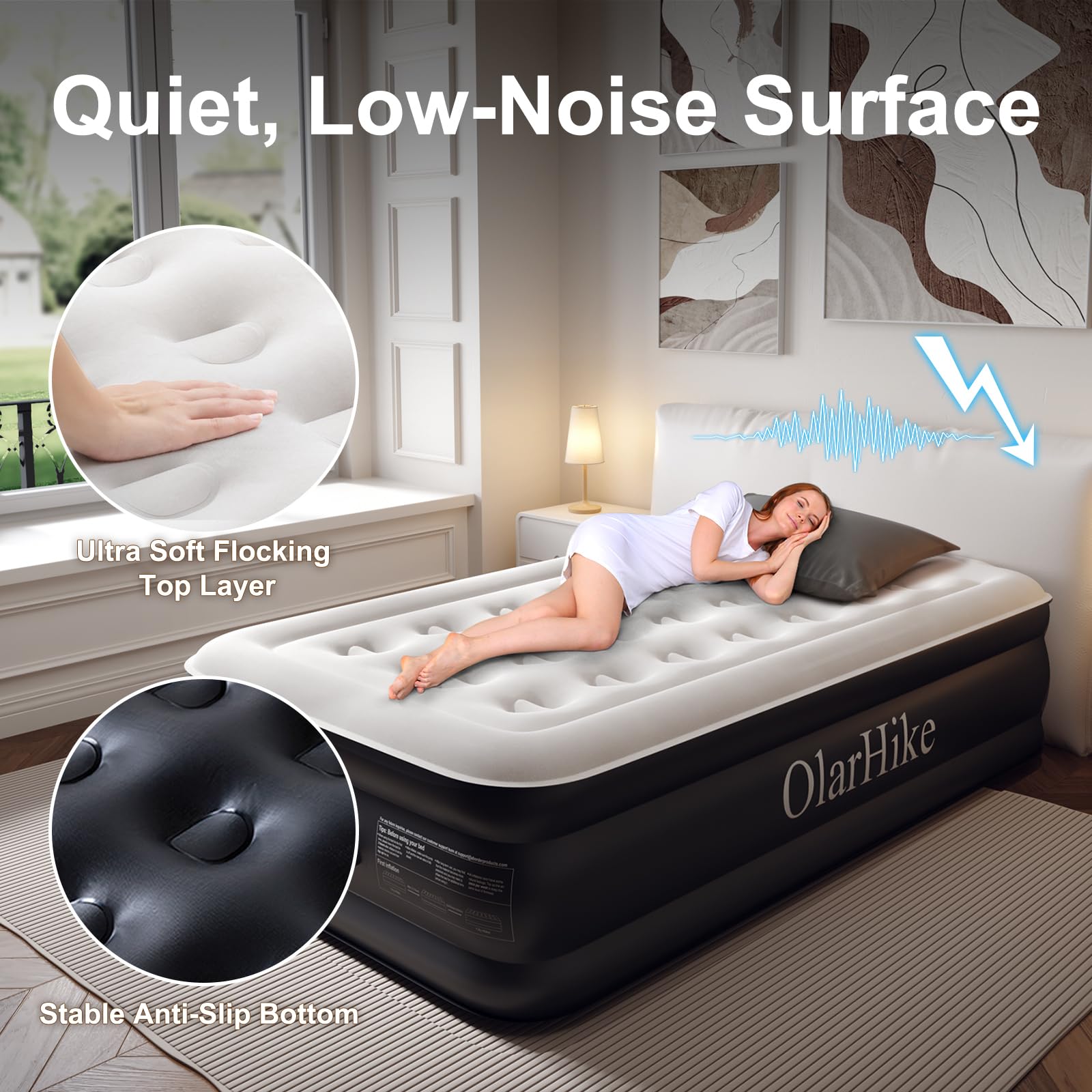 OlarHike Inflatable Mattress, Air Bed Double with Built-in Electric Pump, King Size Blow Up Self Inflating Guest Airbed with Flocked Surface for Camping or Home Use, 190cm L x 140cm W x 46cm H(Black)