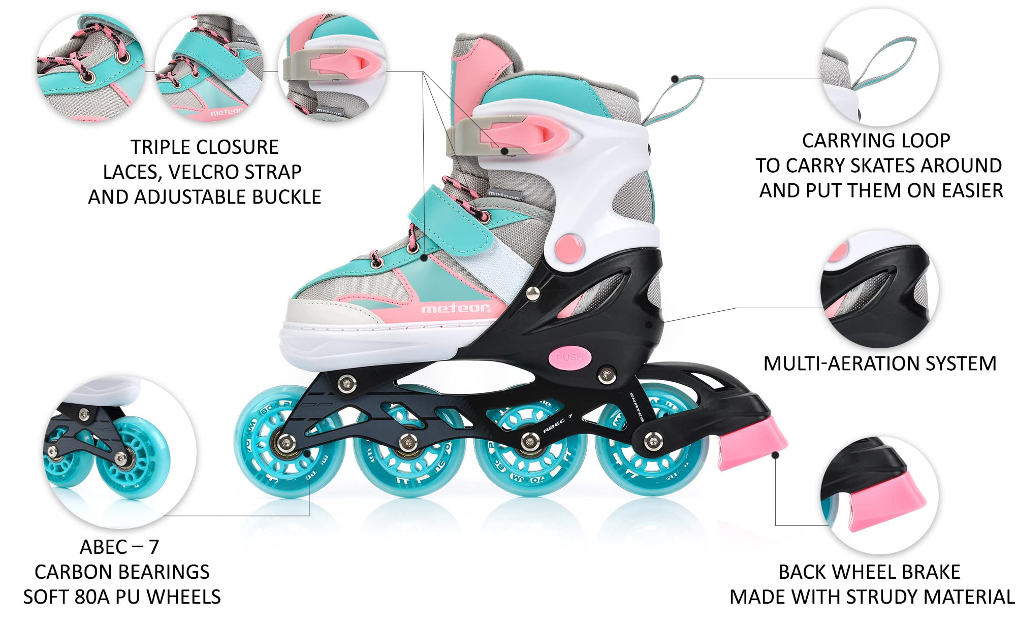 Inline Skates Children's Kids Inliners Roller Skates Roller Blades ABEC 7 Carbon Children's Inline Skates Adjustable Shoe Size (Light Blue/Pink, S