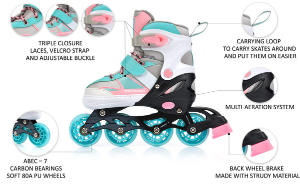 Inline Skates Children's Kids Inliners Roller Skates Roller Blades ABEC 7 Carbon Children's Inline Skates Adjustable Shoe Size (Light Blue/Pink, S