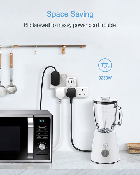 Plug Adapter, TESSAN Plug Extension Socket with 3 USB, 3 Way UK Multi Outlets Extender, Wall Charger for School Home, Kitchen, Office, School Supplies