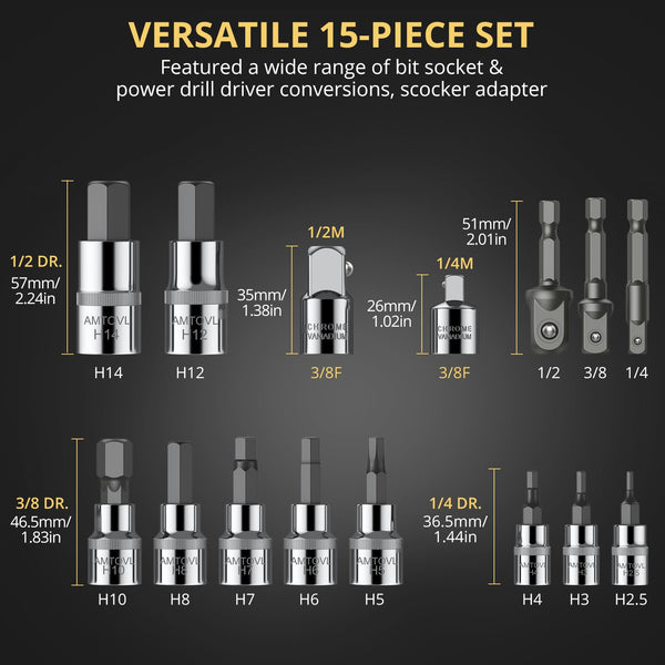 AMTOVL 15-Piece Triple Square Spline Bit Socket Set - S2 Alloy Steel & 50BV30 CRV XZN Bits - Includes 1/4", 3/8", 1/2" Drive Sizes (4,5,6,8,9,10,16,18mm) with Adapter - Fit for Automotive & DIY