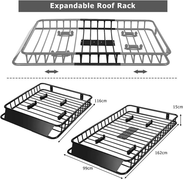 Roof Rack Basket Tray, Steel Luggage Cargo Carrier with Bars & Wind Fairing, Rooftop Luggage Holder for Car SUV Truck Jeep (116-162x99x15cm, 113kg Capacity)