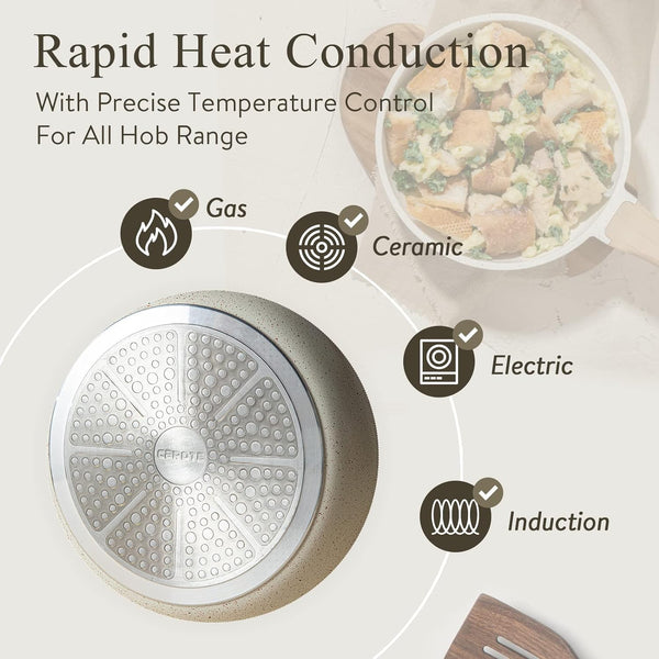 CAROTE Pots and Pans Sets Non Stick, 8 PCS White Granite Induction Hob Pan Set, Natural Non Toxic Cooking Cookware Set with Saucepan Set,Suitable for All Stoves