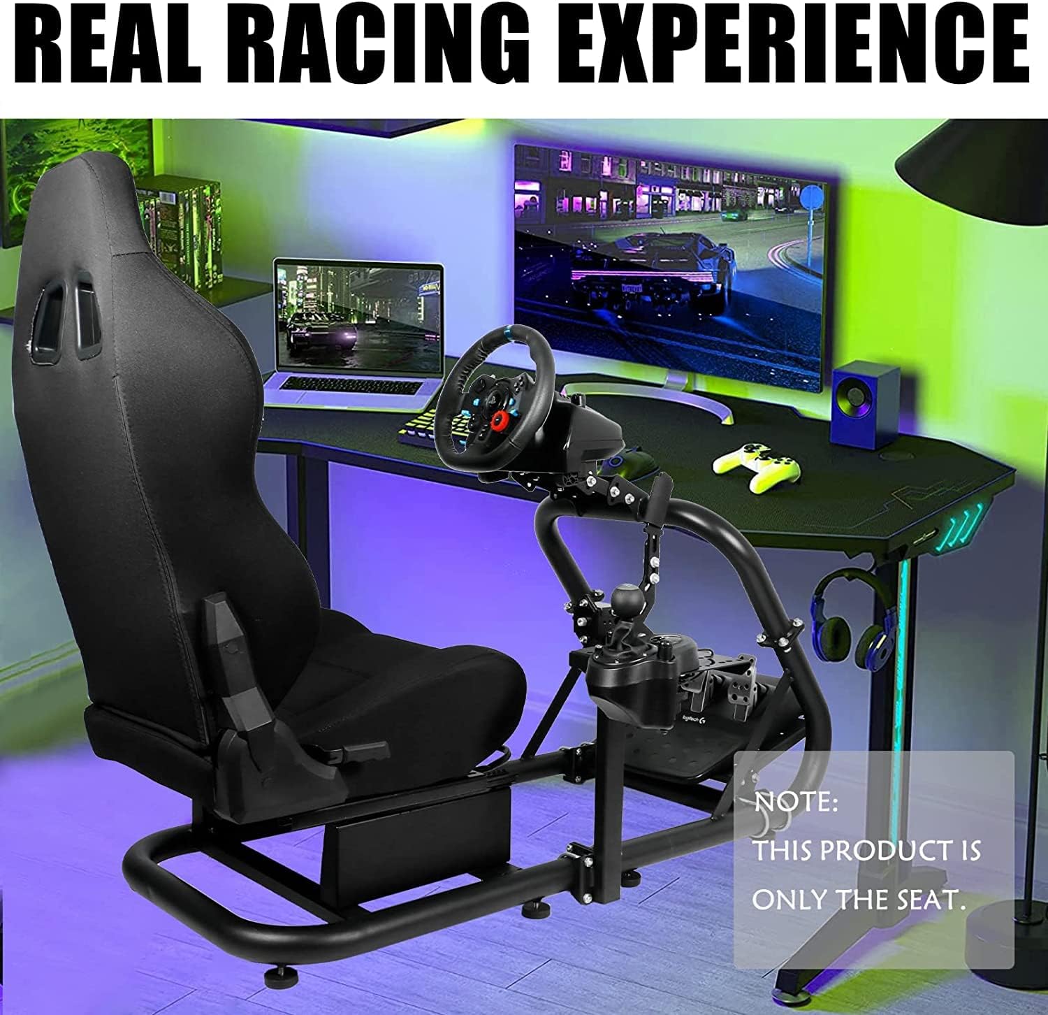 Dardoo Ergonomic Racing Seat with Adjustable Double Slide Simulator Cockpit Racing Gaming Seat Adapt Gaming Simulator Cockpit Racing Wheel Stand Video Game Chairs With Lumbar Support Black