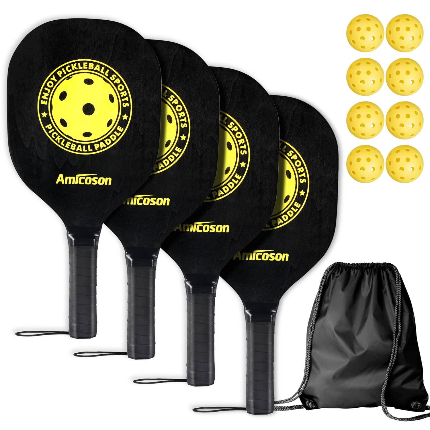 Amicoson Pickleball Set - 4 Paddles With Ergonomic Cushion Grip, 8 Indoor & Outdoor Balls, Wood Rackets, Carry Bag