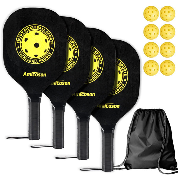 Amicoson Pickleball Set - 4 Paddles With Ergonomic Cushion Grip, 8 Indoor & Outdoor Balls, Wood Rackets, Carry Bag