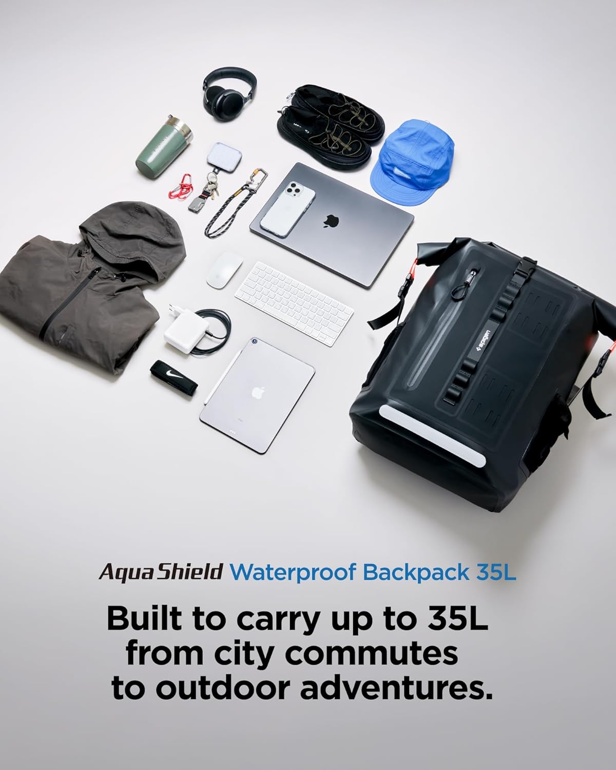 Spigen Waterproof Backpack IPX6 35L Roll Top Travel Rucksack Fits up to 16 Inch Laptop, Multi-Compartment Bag Ventilated Back, Chest Strap Hiking, Camping, Swimming, Canoeing, Fishing – Black