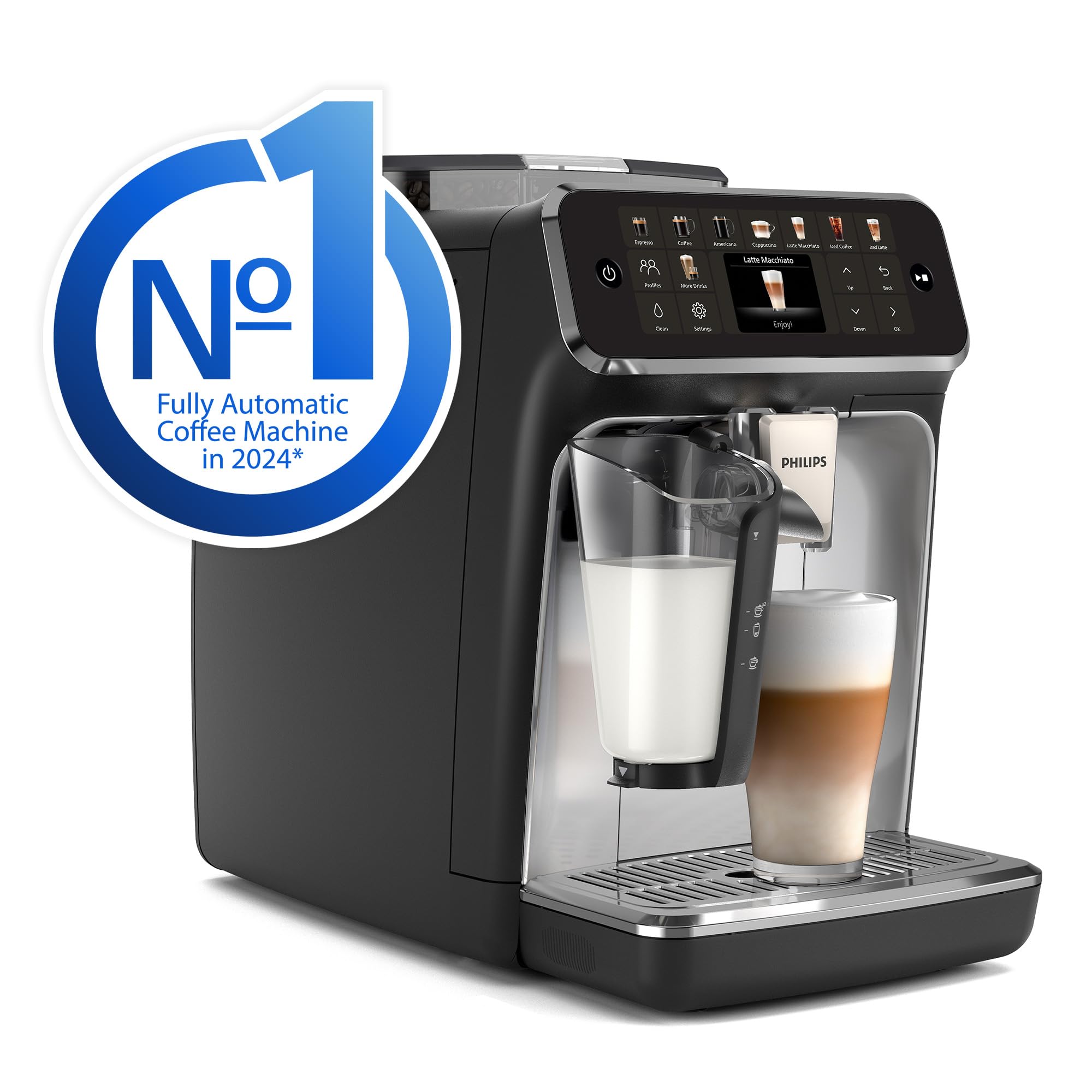 PHILIPS 5400 Series Bean to Cup Coffee Machine – 12 Coffee Varieties, LatteGo Milk Frother, Fastest-to-Clean, Ceramic Grinder, Fully Automatic Espresso & Cappuccino maker – Black, Silver (EP5446/70)