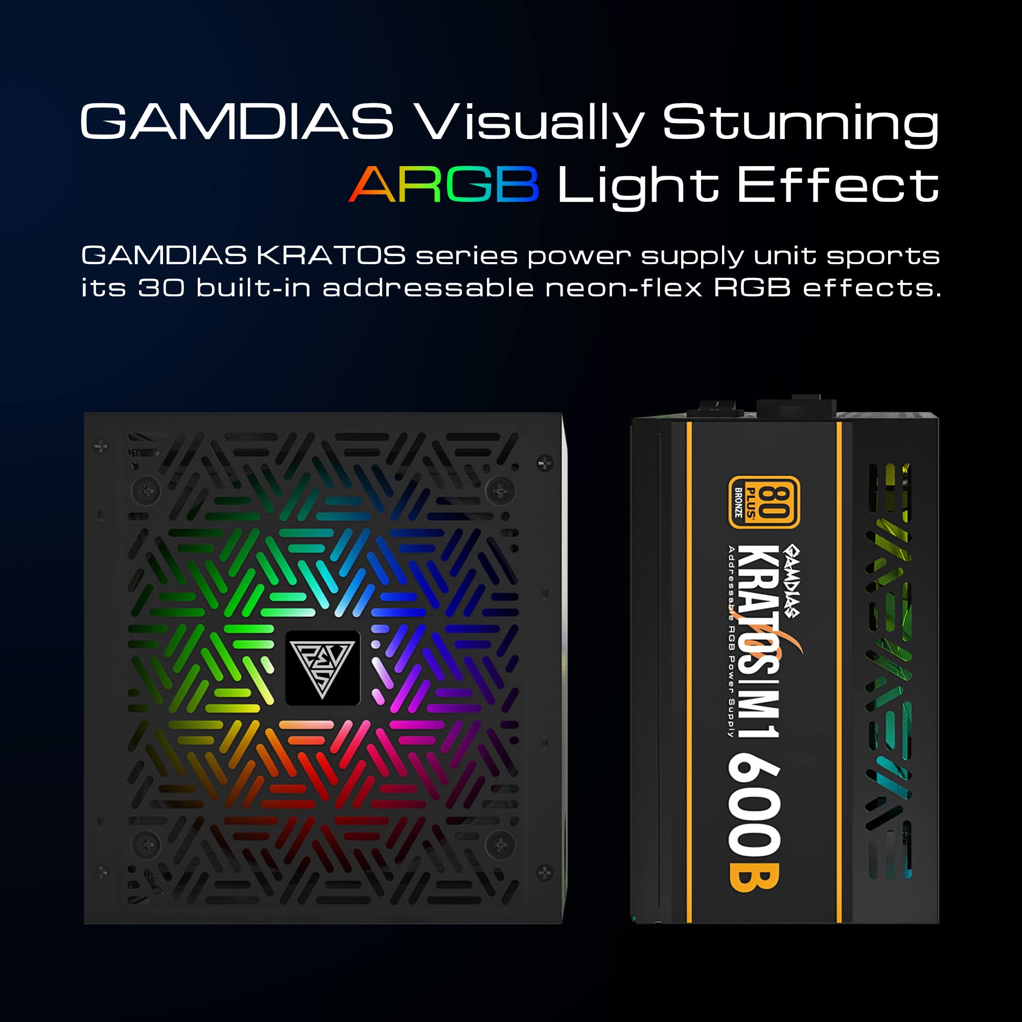 GAMDIAS 750W UK PSU Power Supply for ATX PC Computer, 80+ Plus Bronze, Non-Modular, MB Sync ARGB, Built-in 30 Light Effects, Low Noise PWM Fan, Black
