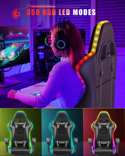 Racingreat Gaming Chair with Led Lights, Video Game Chair, Ergonomic RGB Gaming Chair for Adults, Height Adjustable Reclining Computer Chair with Headrest and Lumbar Support (With RGB, Black)