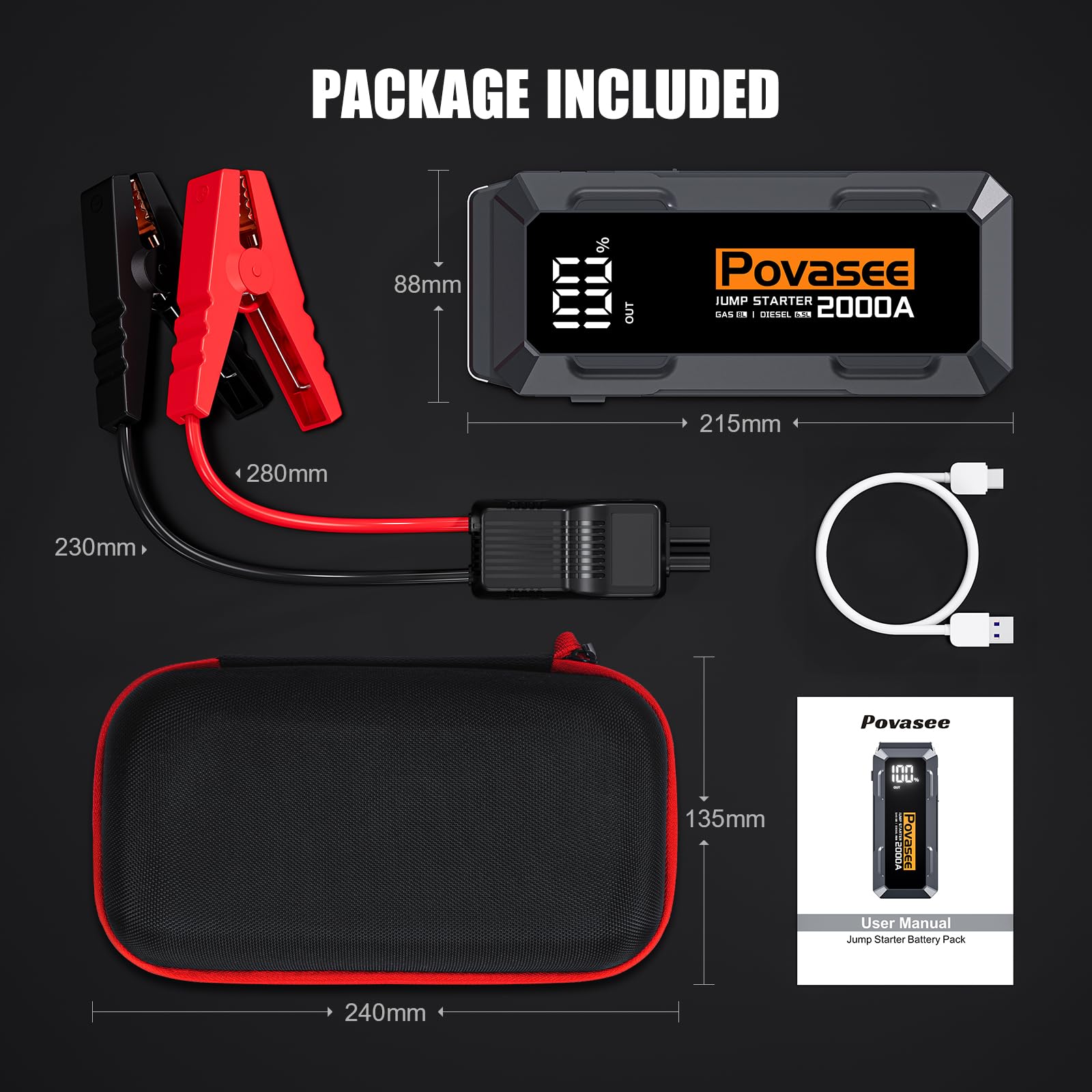 Povasee Jump Starter Power Pack, 2000A Car Battery Booster Jump Starter (up to 8L Gas or 6.5L Diesel) with 3" LCD Display, Car Starter with 2 USB Ports, Jump Leads and LED, Jump Pack for 12V Vehicles