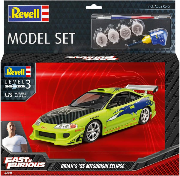 Revell Model Set 67691 Fast & Furious Brian's 1995 Mitsubishi Eclipse 1:25 Scale Unbuilt/Unpainted Plastic Model Kit with Contacta Professional Glue, Paintbrush & Selected Aqua Color Paints