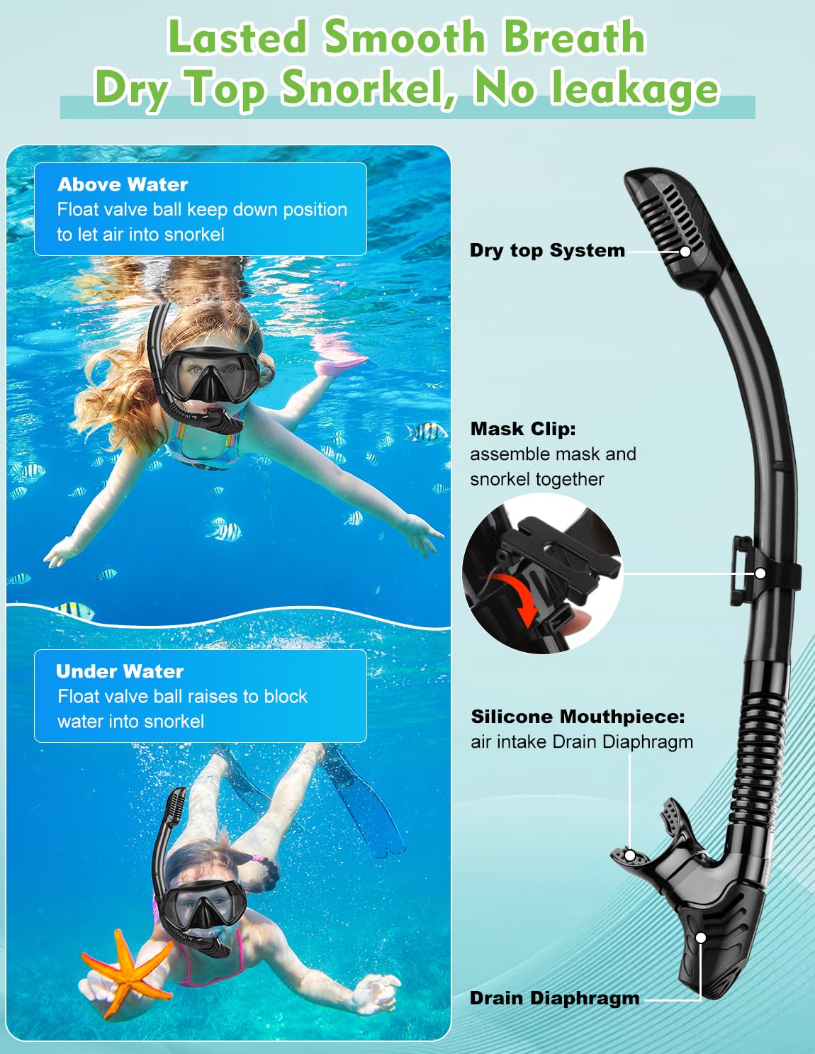 Hydomi Snorkel Set Adults 180° Panoramic Anti-Fog Snorkel Mask with Dry Top Valve, Leak-Proof Tempered Glass Diving Set for Swimming Snorkeling, Travel-Friendly Kit with Adjustable Straps