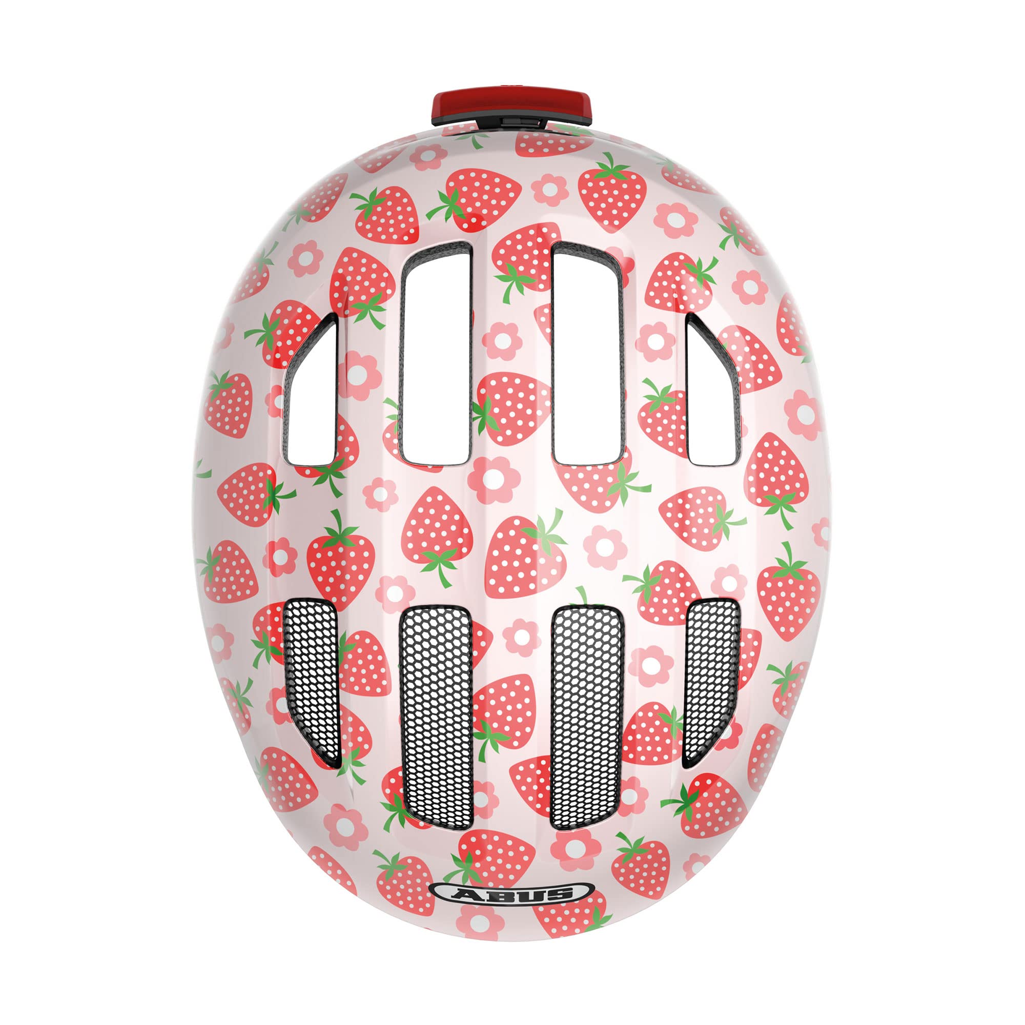 ABUS children's helmet Smiley 3.0 LED - bike helmet with light - deep fit and space for a pigtail - for girls and boys - pink with strawberry pattern,