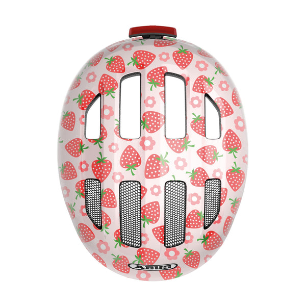 ABUS children's helmet Smiley 3.0 LED - bike helmet with light - deep fit and space for a pigtail - for girls and boys - pink with strawberry pattern,