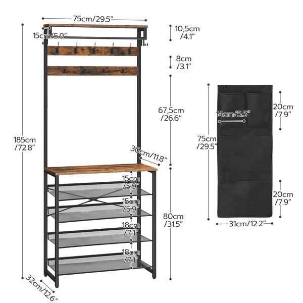 HOOBRO Coat Stand, Coat Rack with Shoe Storage, Hall Tree with Tiltable Mesh Shelves, 4 Removable Hooks, Side Storage Pocket, Shoe and Coat Rack for