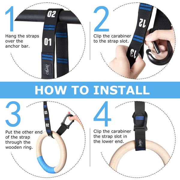 Zingtto Wooden Gymnastic Rings with Adjustable Numbered Straps. 1.25'' Olympic Rings for Core Workout, Crossfit, Bodyweight Training. Home Gym Rings