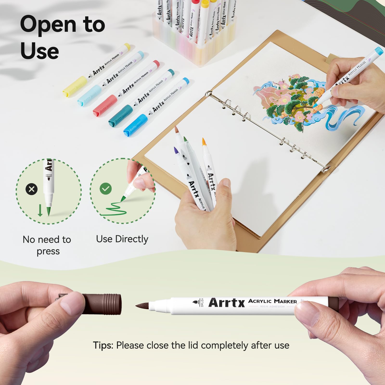 Arrtx 90 Colors Acrylic Markers Paint Pens, Acrylic Paint Pens for Artists Adults Coloring Drawing - Brush Tip Paint Marker for Rock Painting, Wood,
