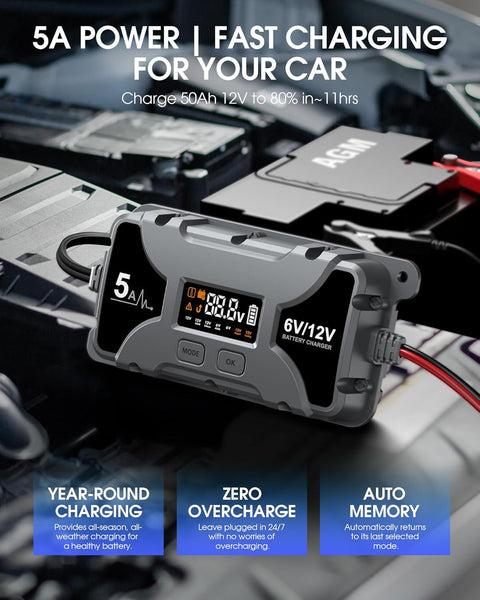 Powerextra 5A Car Battery Charger & Maintainer, 6V/12V Portable Smart Trickle Charger with LED Display & Repair Mode for Lead-Acid AGM Lithium Caravan Batteries