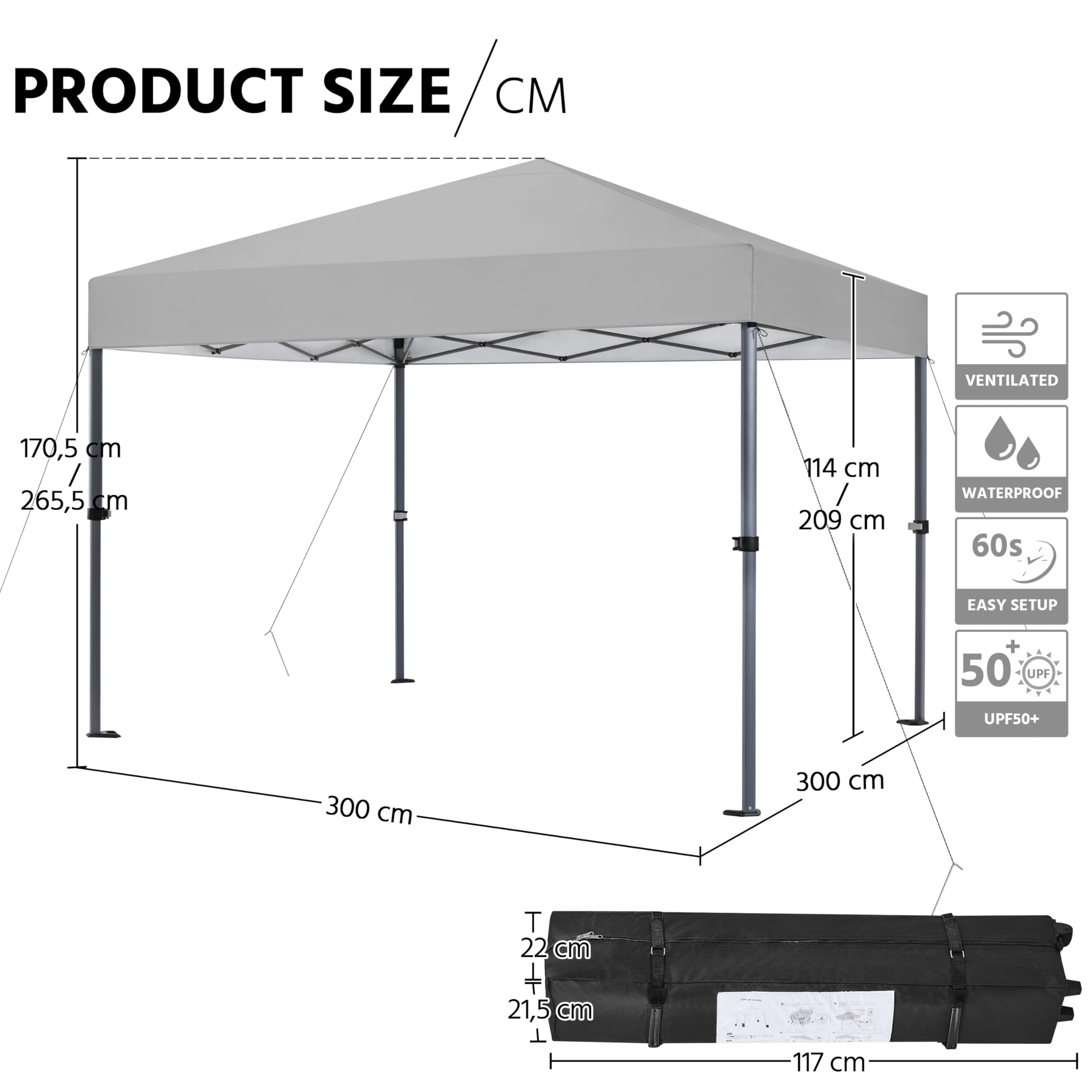 Yaheetech Pop Up Gazebo, 3x3m Easy One Person Setup Instant Shelter, Waterproof Garden Patio Canopy with 4 Sandbags, 4 Ropes & 8 Stakes, Wheeled Bag, Steel Frame, Adjustable Height - Beige