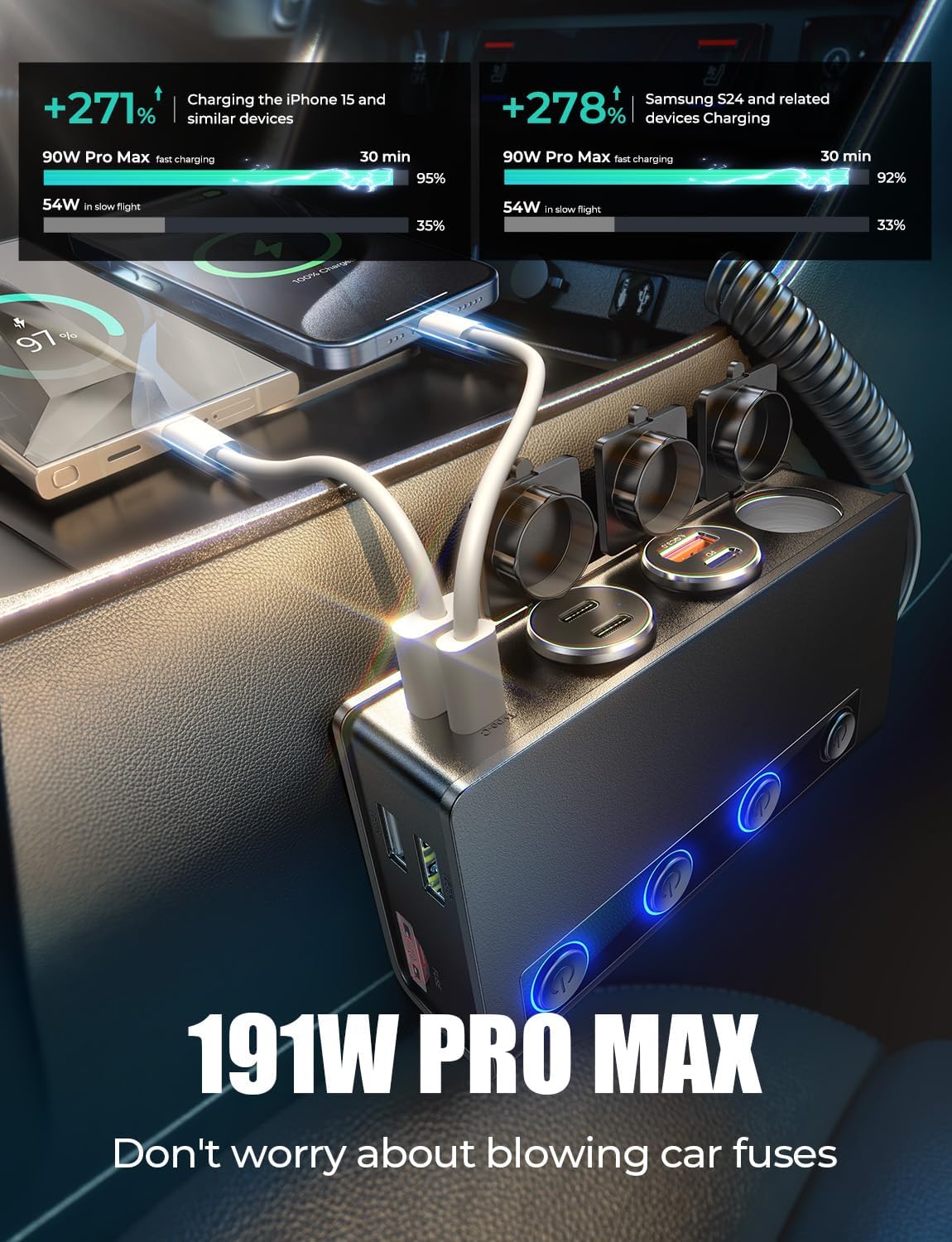 LISEN 9-in-1 Car Cigarette Lighter Multi Socket, 191W Cigarette Lighter Splitter Car 12V Multi Socket Car Charger Adapter Accessories for iPhone 16/15/14, Samsung and All Road Trip Car Devices