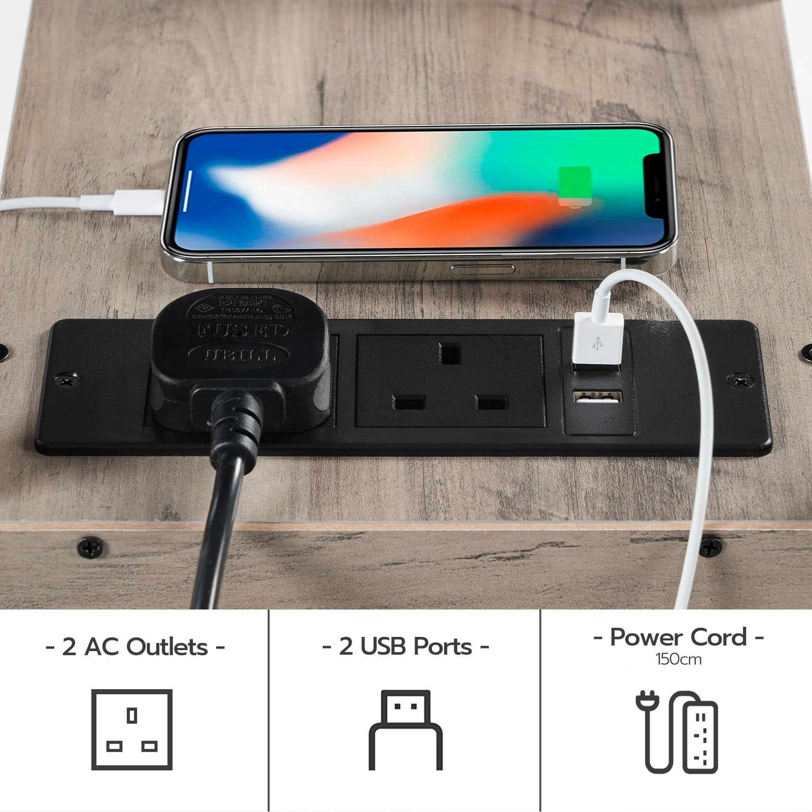 HOOBRO Side Table, Narrow Bedside Table with Charging Station, USB Ports and Power Outlets, Slim Side Table for Small Spaces, 2 Drawers, Industrial