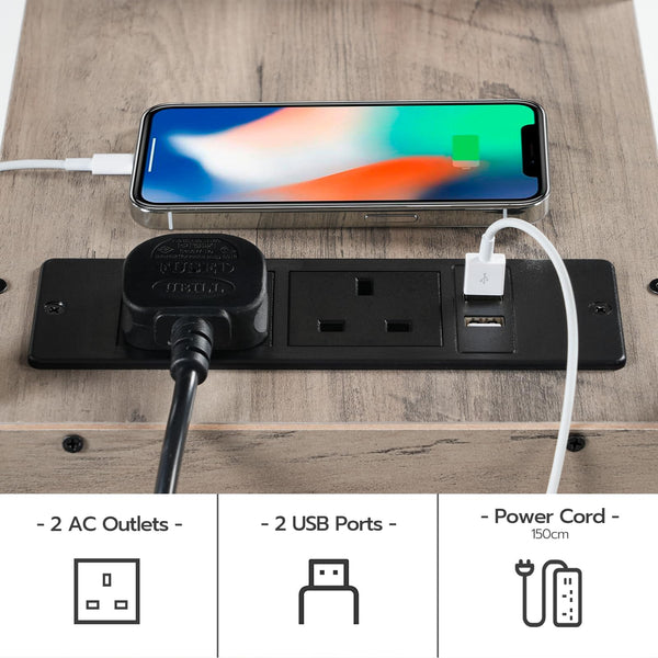 HOOBRO Side Table, Narrow Bedside Table with Charging Station, USB Ports and Power Outlets, Slim Side Table for Small Spaces, 2 Drawers, Industrial