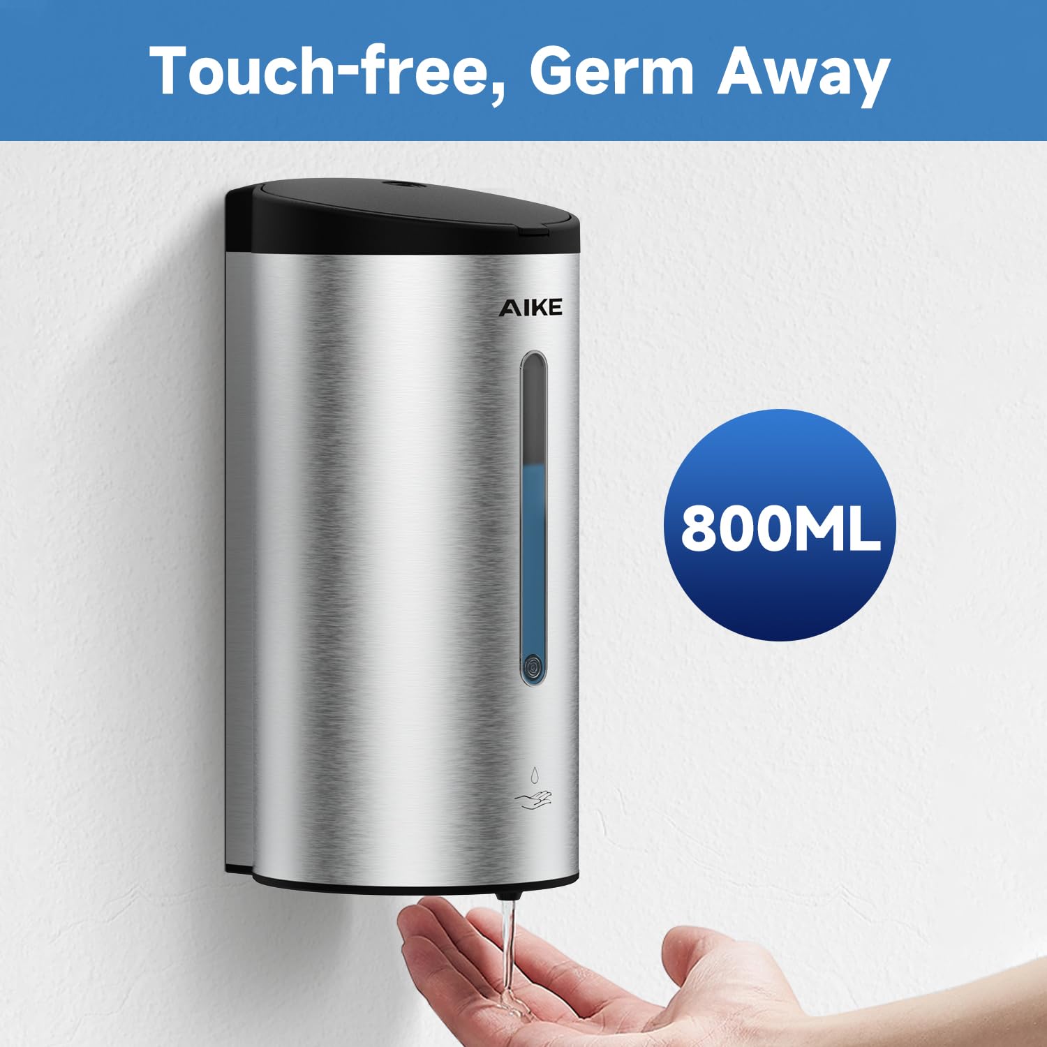 AIKE New AK1205 800ml Wall Mounted Soap Dispenser, Automatic Hand Soap Dispenser, Commercial Stainless Steel Liquid Dispenser