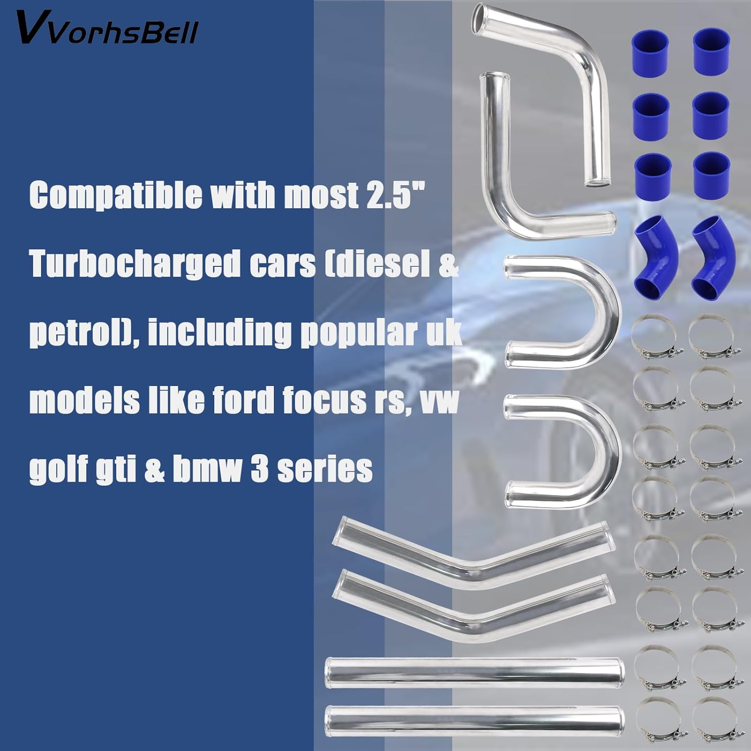 VVORHSBELL 2.5" Turbo Intercooler Pipe Universal Aluminum Turbo Intercooler Piping Set with Silicone Hoses & T-Clamps for Car Modifications (Diesel/Gas)