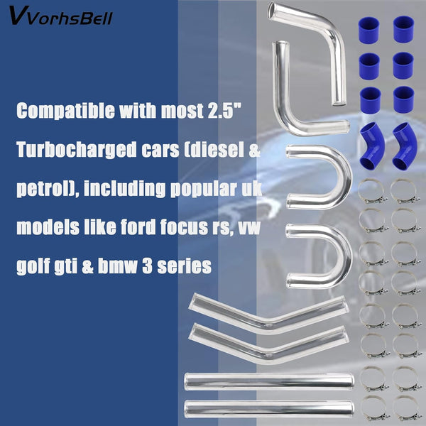 VVORHSBELL 2.5" Turbo Intercooler Pipe Universal Aluminum Turbo Intercooler Piping Set with Silicone Hoses & T-Clamps for Car Modifications (Diesel/Gas)