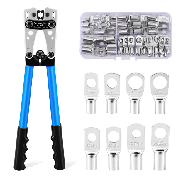 HX-50B Battery Cable Lug Crimping Tools Hand Electrician Pliers for Crimping Wire Cable from 6-50mm²(AWG 8-1/0) with Thickened and Reinforced The Metal Plate (HX50B Crmper +60PCSTerminals)
