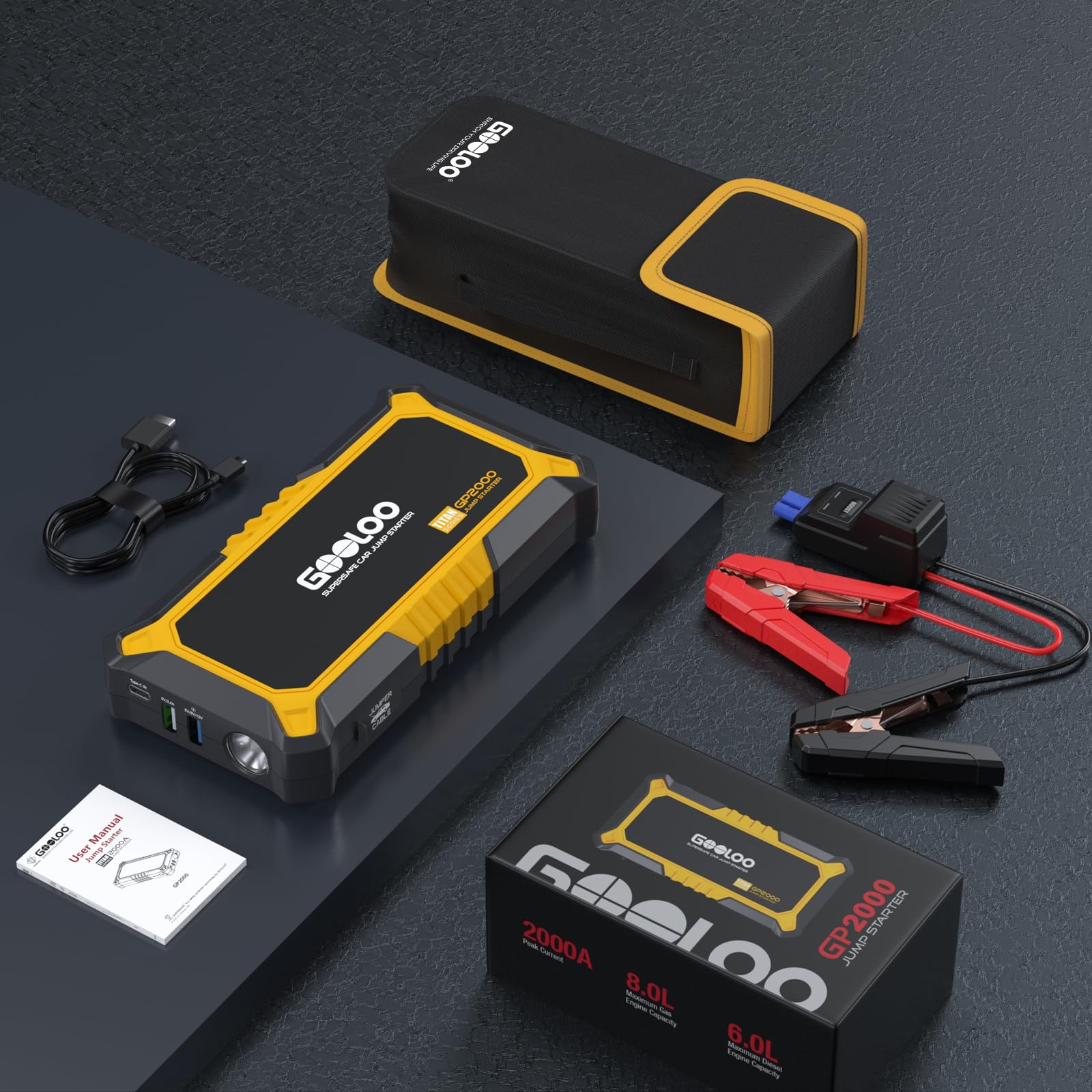 GOOLOO New GP2000 Jump Starter 2000A Car Starter Battery Pack (Up to 8.0L Gas, 6.0L Diesel Engine),12V Car Battery Charger Jumper Starter, Portable Lithium Jump Box with USB Quick Charge