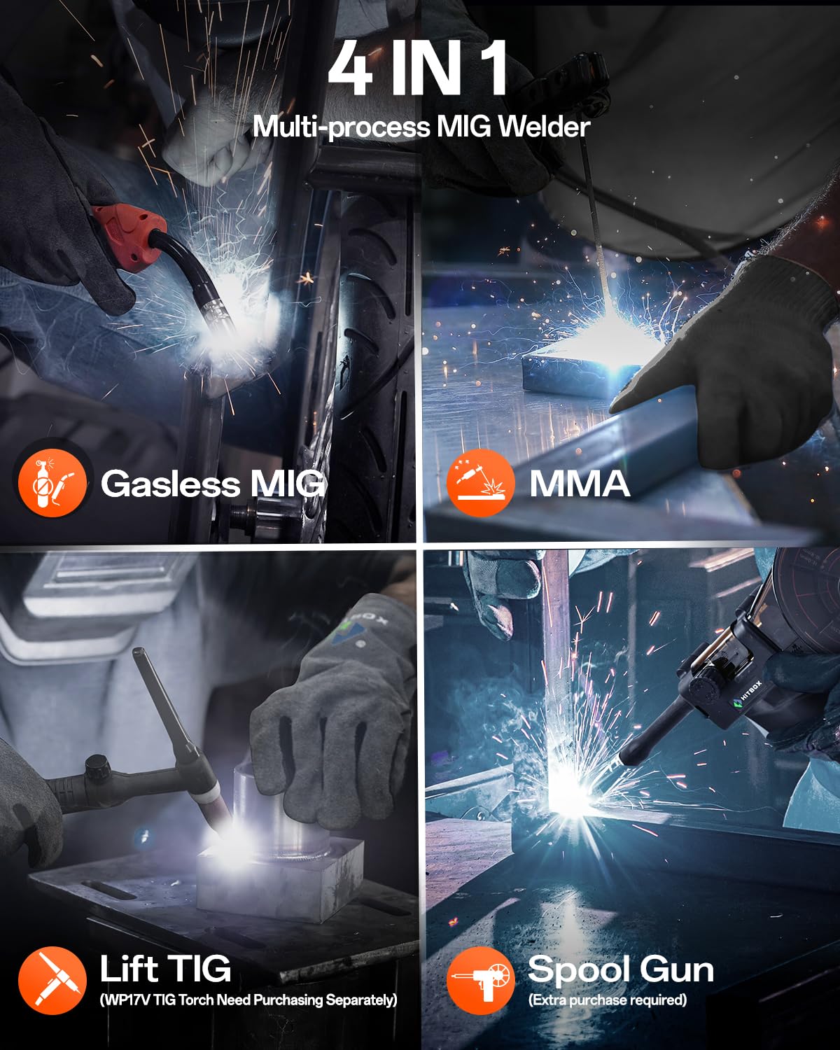 HITBOX MIG Welder 240V, 200Amp 7 in 1 Gas MIG/Gasless MIG/Stick/Lift TIG/Spot Welding/Spool Gun Aluminum Welder Machine, Multi Process Synergy Welding Machine with LED Display Pre/Post Gas(MIG200III)