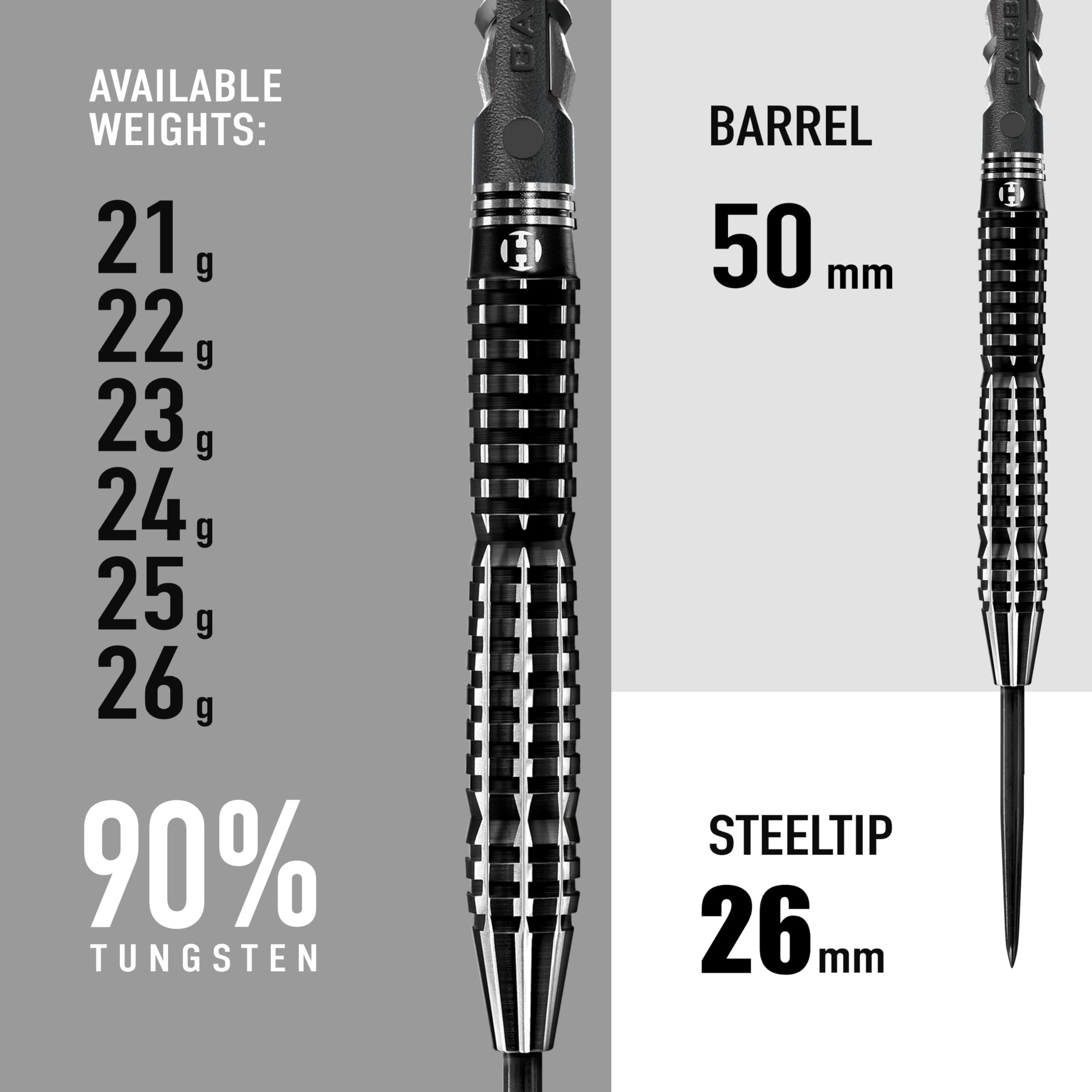 Harrows Black Knight 90% Tungsten Steel Tip Darts Set, 21g - 26g - Includes Black Carbon ST Midi Shafts & Micron Black Knight Flights (24g)