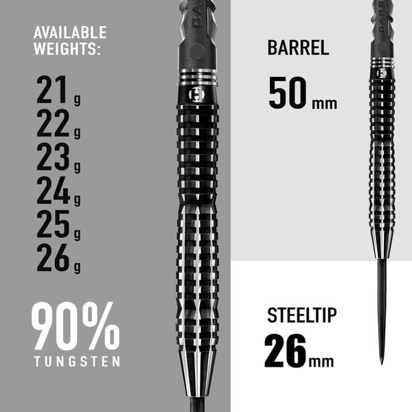 Harrows Black Knight 90% Tungsten Steel Tip Darts Set, 21g - 26g - Includes Black Carbon ST Midi Shafts & Micron Black Knight Flights (25g)