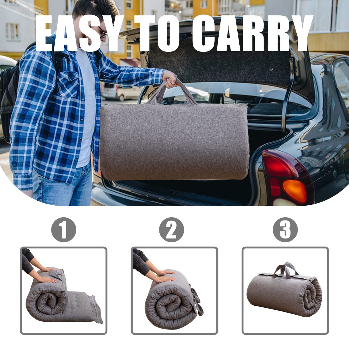 MAXYOYO Portable Foldable Futon Mattress, Hypoallergenic Fabric and High-Density Foam Mattress Pad with Handle and Zipper for Outdoor Indoor Camping