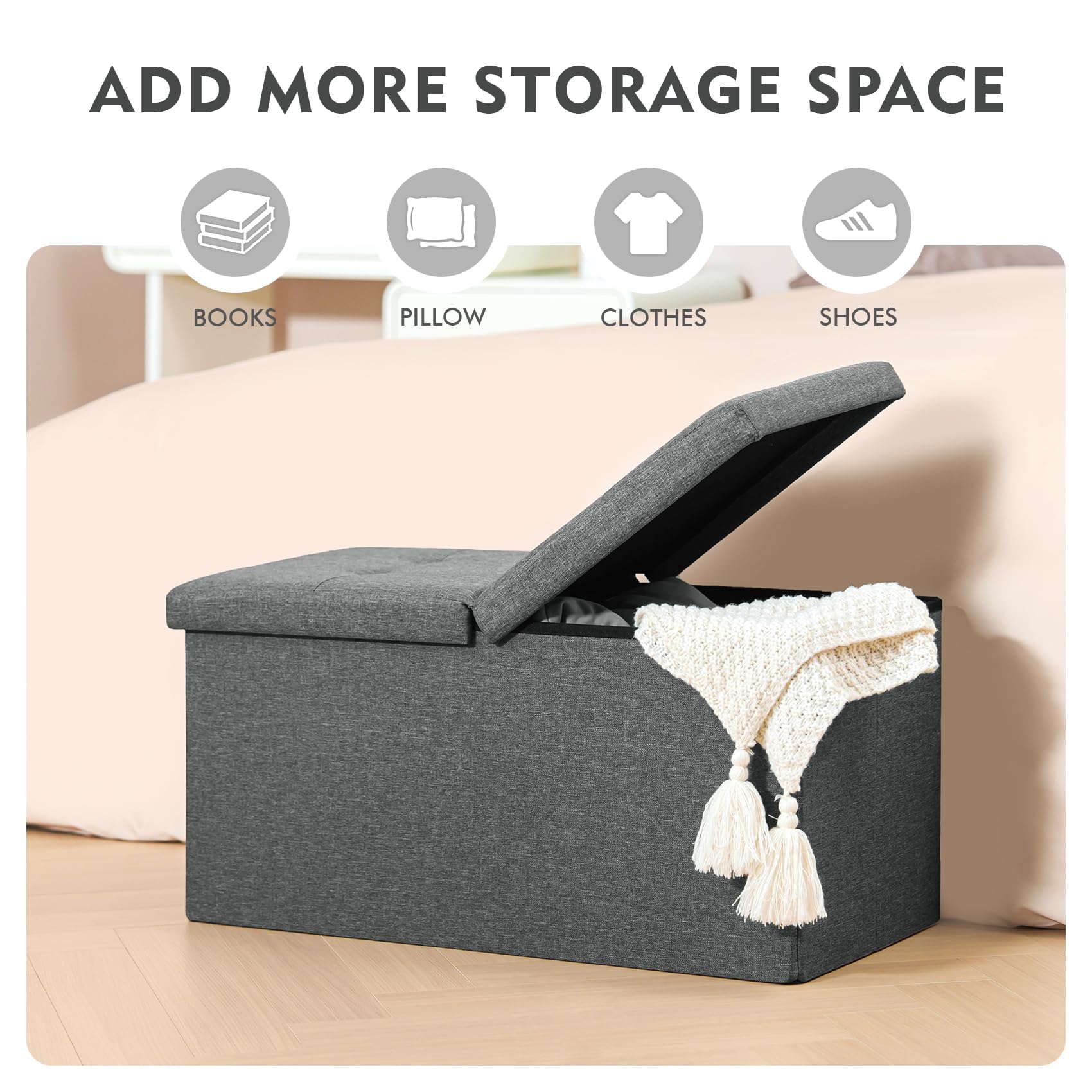 Bonlife Storage Ottoman with Flipping Lid Foldable Shoe Bench Footstool Stool or Sitting Box for Living Room 76.5x38x38cm (Linen-Gray, L)