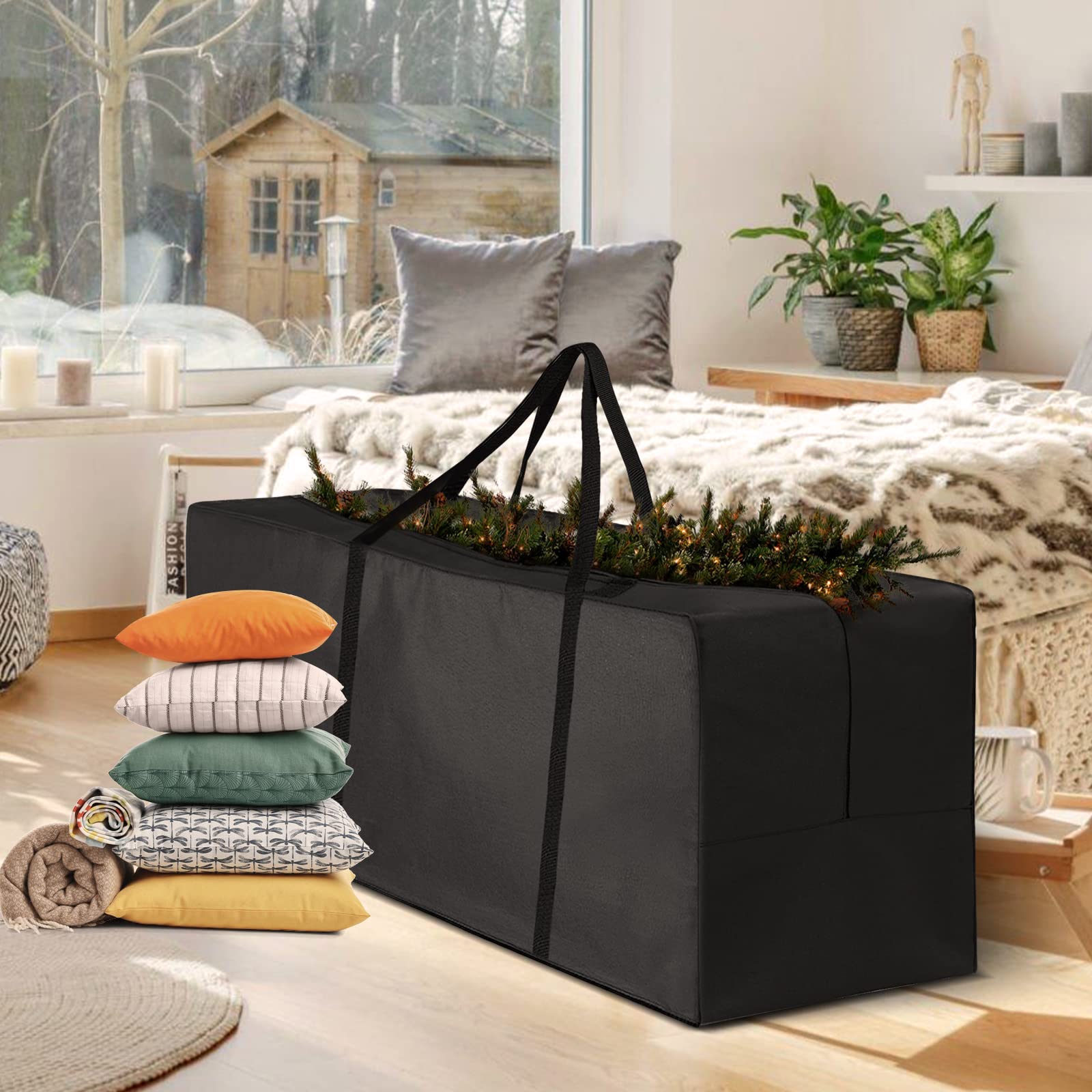 2 Pack Garden Cushion Storage Bag 173x76x51cm 420D Waterproof Outdoor Furniture Cushion Bag Extra Large Christmas Tree Storage Bag with Handle and