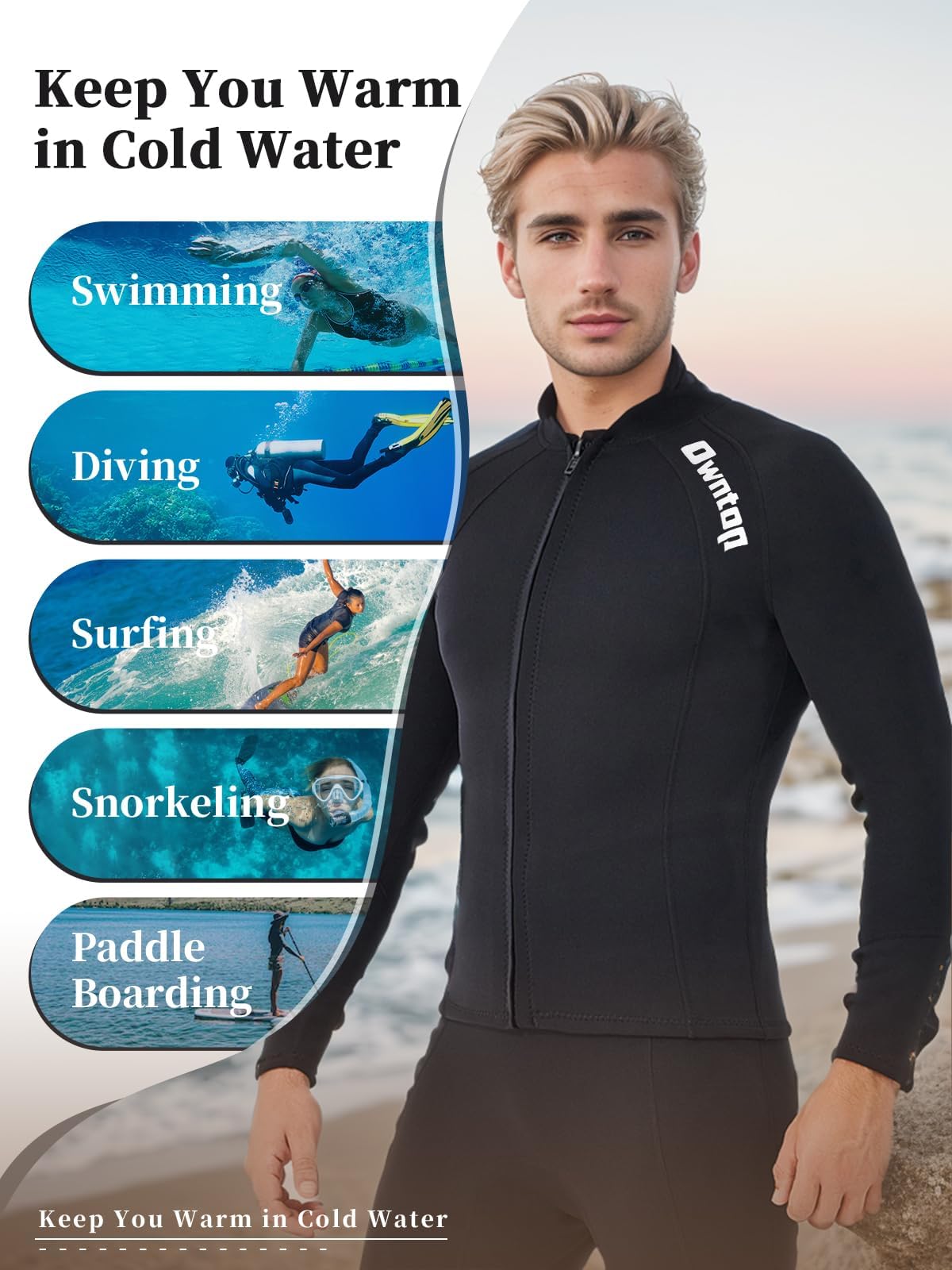 Owntop 2mm Neoprene Wetsuits Jacket for Men/Women, Long Sleeve Front Zipper, Purple, Unisex-Adults, Surfing, Scuba Diving, Paddling, Swimming