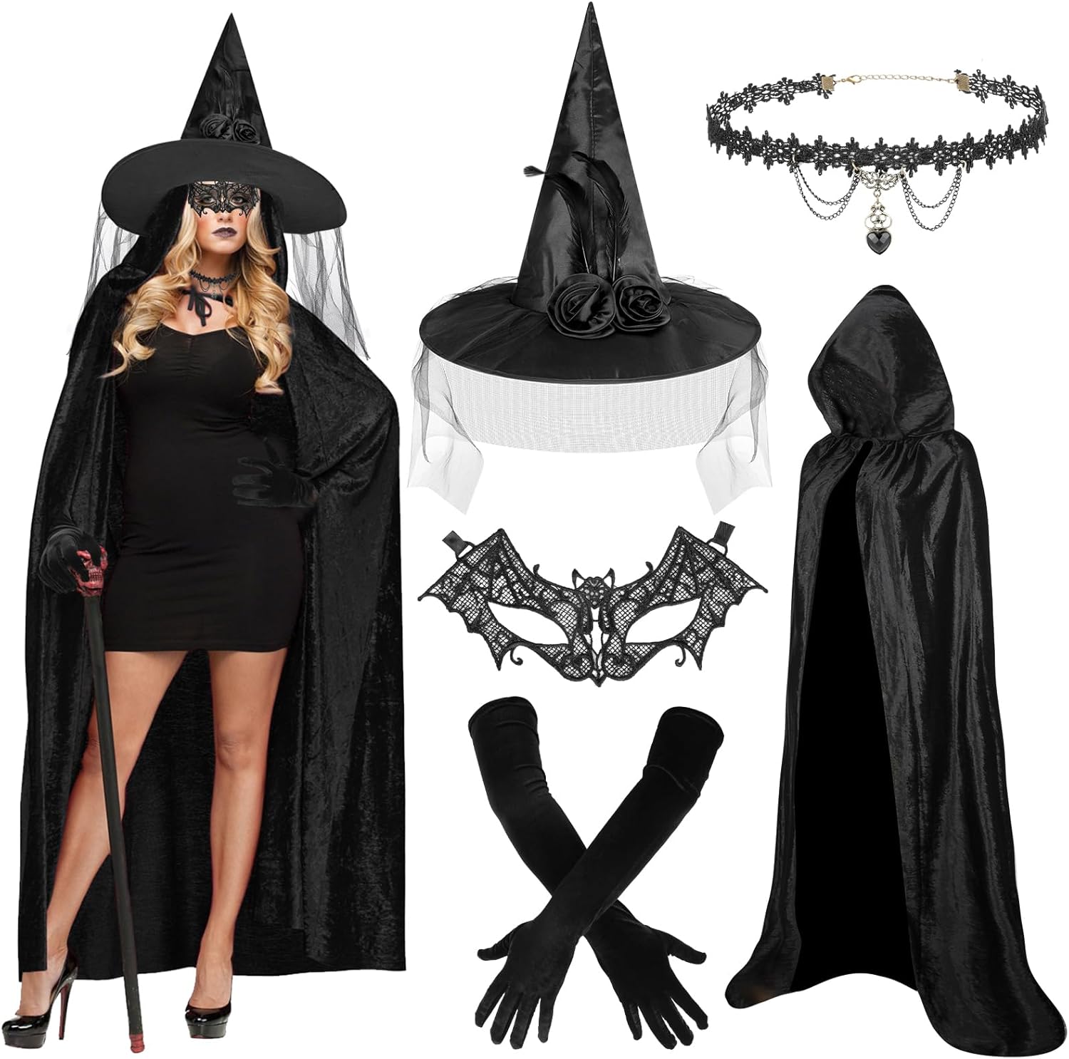 Beipegin Witches Costume Women Hooded Cape Witch Hat Lace Masks Gloves Halloween Costumes Witch Outfit Women Dress up Cosplay