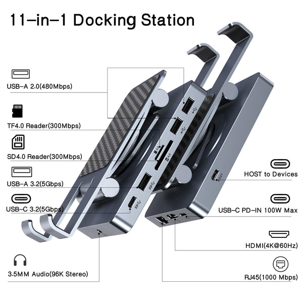 360° Rotating iPad/iPad Pro USB C Docking Station, 11-in-1 with SD TF 4.0 Reader, 4K@60Hz HDMI, RJ45, Audio, USB A, USB C, For Tablet, Steam Deck, ROG Ally, Legion Go, Msi Claw, Samsung, etc